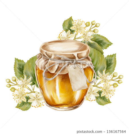 Watercolor illustration jar golden honey with kraft paper and twine and blooming linden flowers. for herbal tea packaging health products cosmetics eco branding and seasonal or holiday visuals. 136167564