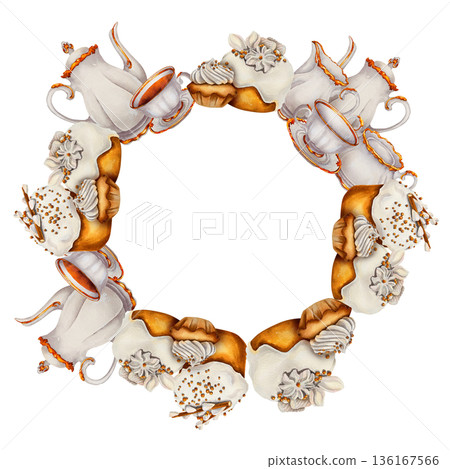Watercolor illustration of an Easter round frame with porcelain teapots, cups and festive cakes. Illustration for greeting cards, invitations, religious stationery and spring holiday design. 136167566