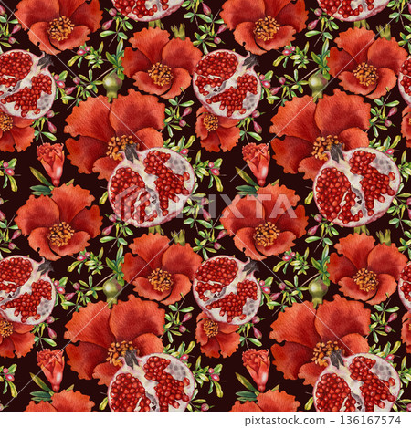 Watercolor seamless pattern with open pomegranates, flowers, green leaves and red juice splashes. Illustration for cosmetics, kitchen textiles, packaging, Rosh Hashanah and organic juice branding. Watercolor seamless pattern with open pomegranates, flowers, green leaves and red juice splashes. Illustration for cosmetics, kitchen textiles, packaging, Rosh Hashanah and organic juice branding. 136167574