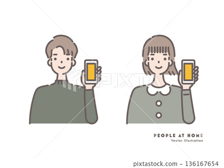Illustration of a man and woman smiling while holding a smartphone Illustration of a man and woman smiling while holding a smartphone 136167654