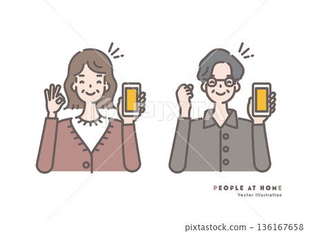 Illustration of a senior man and woman holding a smartphone and smiling, making an OK sign or a fist pump 136167658