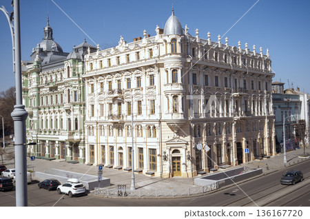 Facade of an old residential building in the center of Odessa, Ukraine, Europe. Facade of an old residential building in the center of Odessa, Ukraine, Europe. 136167720