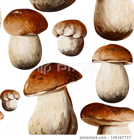 Seamless pattern with porcini mushrooms of various shapes and sizes isolated on a white background. Perfect for packaging, textiles, wallpaper, Watercolor illustration, hand painted 136167737