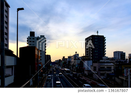 [Tokyo] Nishiarai Daishi Temple in early spring: sunset and airplanes seen from the footbridge 136167807