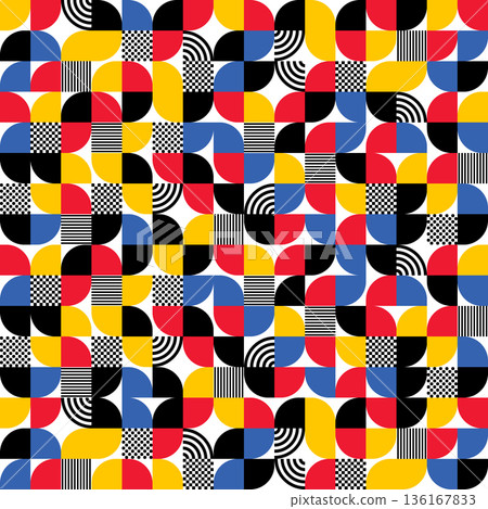 Colorful seamless geometric pattern in pop-art style featuring dotted and linear texture elements. Eps 10 Colorful seamless geometric pattern in pop-art style featuring dotted and linear texture elements. Eps 10 136167833