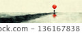 Man Holding Red Balloon in Minimalist Watercolor Landscape with Reflection on Calm Water 136167838