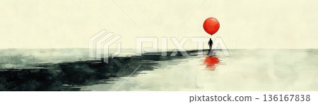 Man Holding Red Balloon in Minimalist Watercolor Landscape with Reflection on Calm Water Man Holding Red Balloon in Minimalist Watercolor Landscape with Reflection on Calm Water 136167838