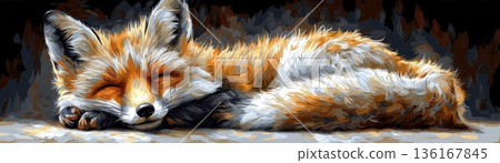 Relaxing Red Fox with Fluffy Fur Sleeping Peacefully in a Cozy Environment Relaxing Red Fox with Fluffy Fur Sleeping Peacefully in a Cozy Environment 136167845