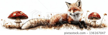 Elegant Red Fox Resting Among Mushrooms in a Serene Forest Setting 136167847