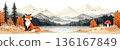 Serene Autumn Landscape with Fox, Mountains, and Tranquil Lake in Earthy Tones 136167849