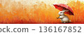 Cute bunny with red umbrella in rain against warm colorful abstract background 136167852