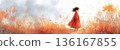 Young Girl in Red Dress Walking Through Autumn Field with Colorful Grasses and Soft Sky 136167855