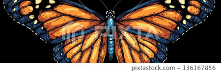 Vibrant Monarch Butterfly Illustration with Bold Orange and Blue Colors on Dark Background Vibrant Monarch Butterfly Illustration with Bold Orange and Blue Colors on Dark Background 136167856