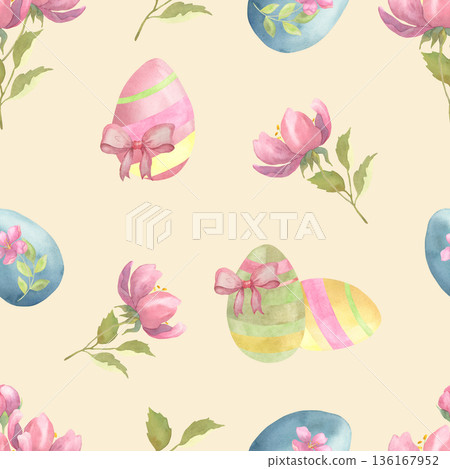 Watercolor Easter Pattern with Eggs, Flowers and Spring Branches on Cream 136167952