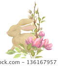 Watercolor Easter Bunny Illustration with Spring Flowers 136167957