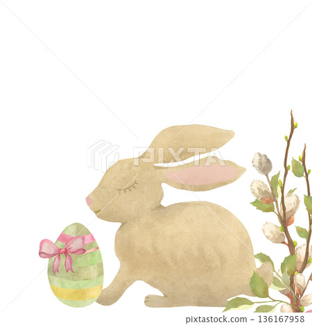 Watercolor Easter Bunny with Decorative Egg and Spring Branch Watercolor Easter Bunny with Decorative Egg and Spring Branch 136167958
