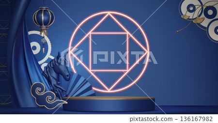 Year of the Horse ,China blue and golden Podium, minimal blue geometric design.3D rendering Year of the Horse ,China blue and golden Podium, minimal blue geometric design.3D rendering 136167982