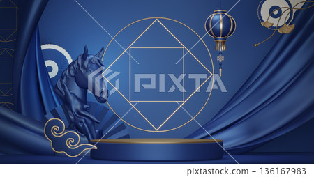 Year of the Horse ,China blue and golden Podium, minimal blue geometric design.3D rendering Year of the Horse ,China blue and golden Podium, minimal blue geometric design.3D rendering 136167983