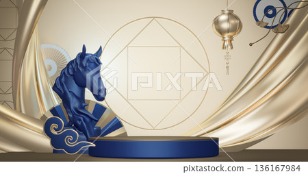 Year of the Horse ,China blue and golden Podium, minimal blue geometric design.3D rendering Year of the Horse ,China blue and golden Podium, minimal blue geometric design.3D rendering 136167984