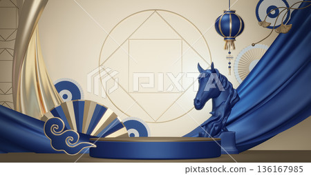 Year of the Horse ,China blue and golden Podium, minimal blue geometric design.3D rendering Year of the Horse ,China blue and golden Podium, minimal blue geometric design.3D rendering 136167985