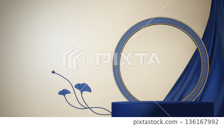 Year of the Horse ,China blue and golden Podium, minimal blue geometric design.3D rendering 136167992