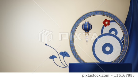 Year of the Horse ,China blue and golden Podium, minimal blue geometric design.3D rendering Year of the Horse ,China blue and golden Podium, minimal blue geometric design.3D rendering 136167993