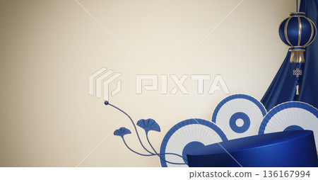 Year of the Horse ,China blue and golden Podium, minimal blue geometric design.3D rendering Year of the Horse ,China blue and golden Podium, minimal blue geometric design.3D rendering 136167994