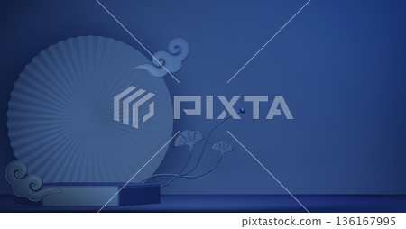 Year of the Horse ,China blue and golden Podium, minimal blue geometric design.3D rendering Year of the Horse ,China blue and golden Podium, minimal blue geometric design.3D rendering 136167995