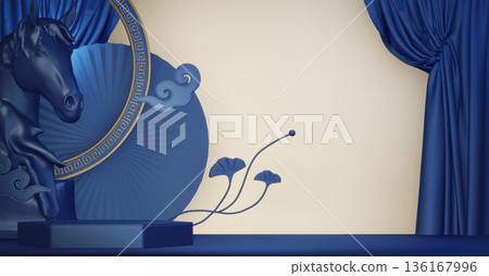 Year of the Horse ,China blue and golden Podium, minimal blue geometric design.3D rendering Year of the Horse ,China blue and golden Podium, minimal blue geometric design.3D rendering 136167996