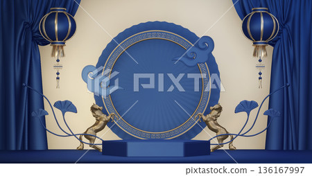 Year of the Horse ,China blue and golden Podium, minimal blue geometric design.3D rendering Year of the Horse ,China blue and golden Podium, minimal blue geometric design.3D rendering 136167997