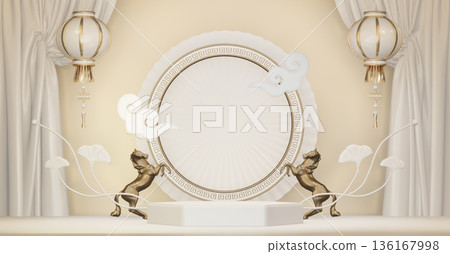 Year of the Horse ,China White Podium, minimal red geometric design.3D rendering Year of the Horse ,China White Podium, minimal red geometric design.3D rendering 136167998