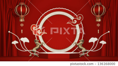 Year of the Horse ,China White Podium, minimal red geometric design.3D rendering Year of the Horse ,China White Podium, minimal red geometric design.3D rendering 136168000