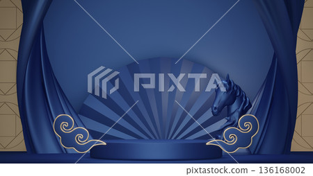 Year of the Horse ,China blue and golden Podium, minimal blue geometric design.3D rendering Year of the Horse ,China blue and golden Podium, minimal blue geometric design.3D rendering 136168002