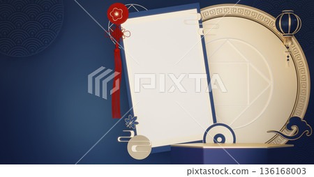 Year of the Horse ,China blue and golden Podium, minimal blue geometric design.3D rendering Year of the Horse ,China blue and golden Podium, minimal blue geometric design.3D rendering 136168003