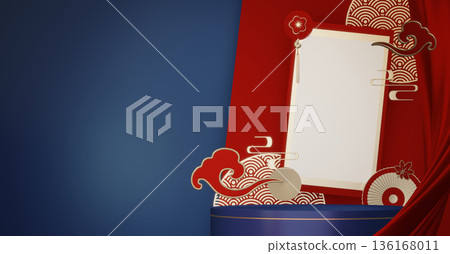 Year of the Horse ,China blue and golden Podium, minimal blue geometric design.3D rendering Year of the Horse ,China blue and golden Podium, minimal blue geometric design.3D rendering 136168011