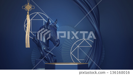 Year of the Horse ,China blue and golden Podium, minimal blue geometric design.3D rendering Year of the Horse ,China blue and golden Podium, minimal blue geometric design.3D rendering 136168016