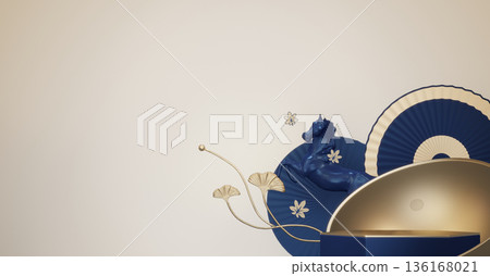 Year of the Horse ,China blue and golden Podium, minimal blue geometric design.3D rendering Year of the Horse ,China blue and golden Podium, minimal blue geometric design.3D rendering 136168021