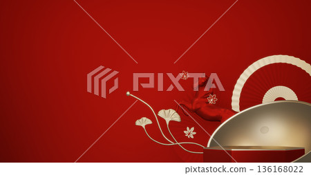 Year of the Horse ,Red Podium, minimal red geometric design.3D rendering 136168022