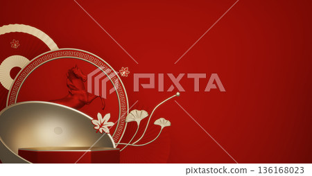 Year of the Horse ,Red Podium, minimal red geometric design.3D rendering 136168023