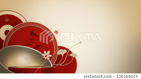 Year of the Horse ,Red Podium, minimal red geometric design.3D rendering 136168024