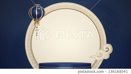 Year of the Horse ,China blue and golden Podium, minimal blue geometric design.3D rendering Year of the Horse ,China blue and golden Podium, minimal blue geometric design.3D rendering 136168041