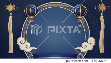 Year of the Horse ,China blue and golden Podium, minimal blue geometric design.3D rendering Year of the Horse ,China blue and golden Podium, minimal blue geometric design.3D rendering 136168042
