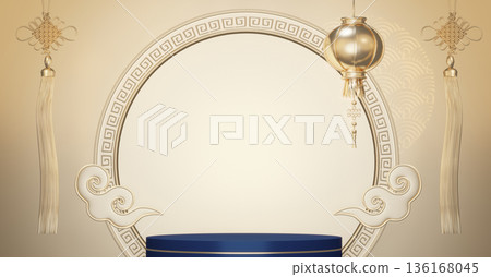 Year of the Horse ,China blue and golden Podium, minimal blue geometric design.3D rendering Year of the Horse ,China blue and golden Podium, minimal blue geometric design.3D rendering 136168045