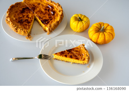 Slice of Homemade Pumpkin Cheesecake 136168090