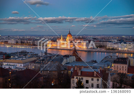Panorama with building of Hungarian parliament at Danube river in Budapest city, Hungary Panorama with building of Hungarian parliament at Danube river in Budapest city, Hungary 136168093