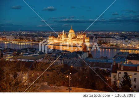 Panorama with building of Hungarian parliament at Danube river in Budapest city, Hungary Panorama with building of Hungarian parliament at Danube river in Budapest city, Hungary 136168095