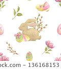Seamless Easter Watercolor Pattern with Bunny, Eggs and Spring Flowers on White 136168153