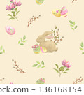 Spring Easter Watercolor Pattern with Eggs, Bunny and Flowers on Cream 136168154