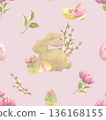 Spring Easter Watercolor Pattern with Eggs, Bunny and Flowers on Pink 136168155