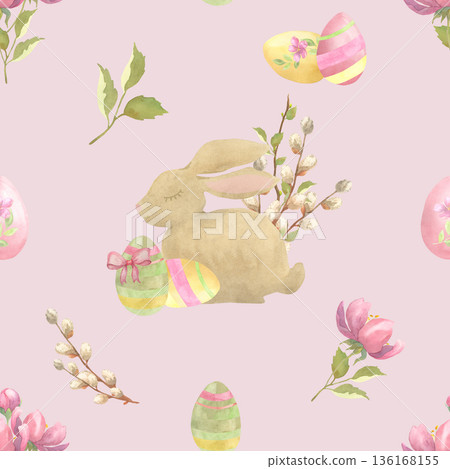 Spring Easter Watercolor Pattern with Eggs, Bunny and Flowers on Pink Spring Easter Watercolor Pattern with Eggs, Bunny and Flowers on Pink 136168155